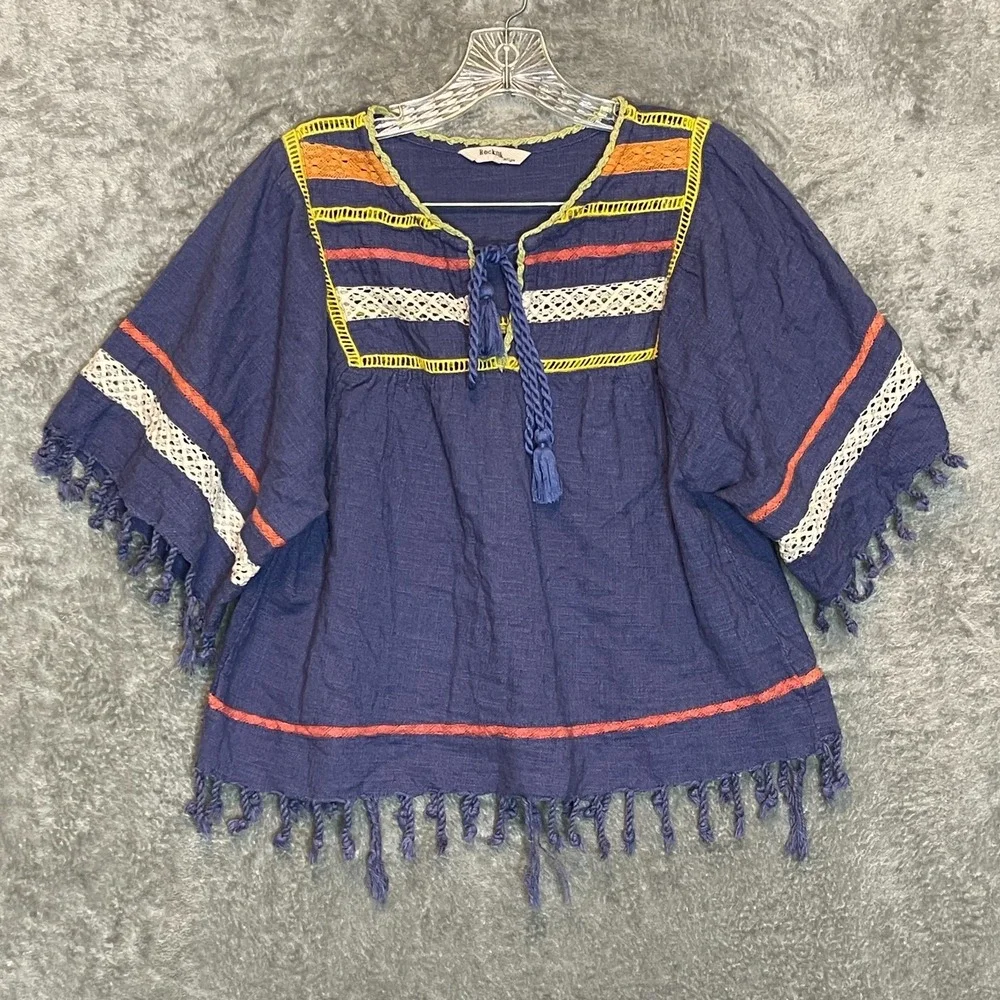 Rocks Indigo Women Boho Peasant Top M Festival Boxy Cropped Tasseled Fringe - Picture 2 of 12